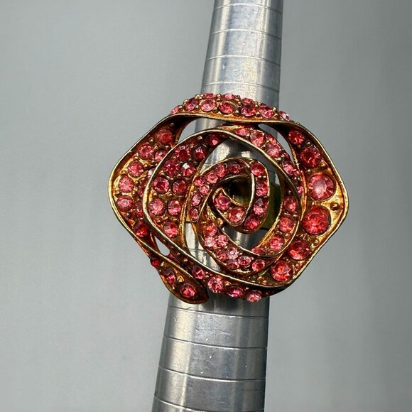 VTG Kirks Folly Red Pave Rhinestone Rose Flower Ring Size 6.75 Gold Tone Party - Picture 7 of 9